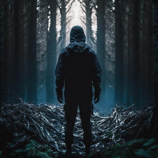 cinematic, 25mm, young guy stands in a small clearing in a heavy forest, a black plastic sheet wraps around something, it looks like an evil figure with no features