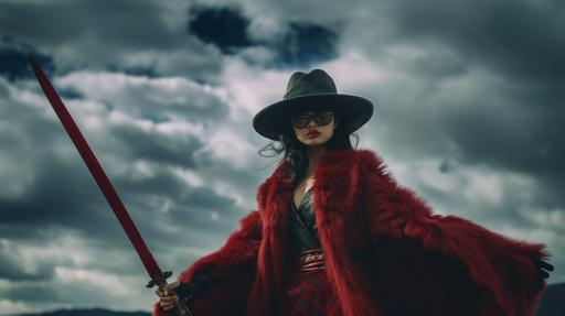 cinematic 4k dragon in a fur red coat uniform holding a katana. she is standing in front o clouds. She is wearing a black hat and black squared sunglasses, she has big lips.Fujifilm GFX 100, GF 45mm f/2.8 R WR lens, 102-megapixel, 16k --ar 16:9 --v 5.1 --style raw --s 750