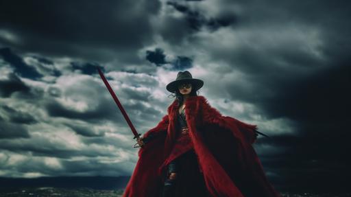 cinematic 4k dragon in a fur red coat uniform holding a katana. she is standing in front o clouds. She is wearing a black hat and black squared sunglasses, she has big lips.Fujifilm GFX 100, GF 45mm f/2.8 R WR lens, 102-megapixel, 16k --ar 16:9 --v 5.1 --style raw --s 750
