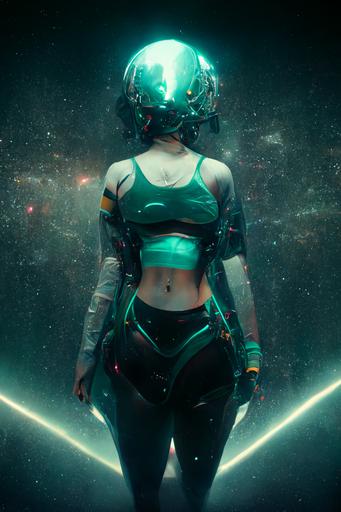 cinematic and moody scene, spacepunk dystopian, spacestation. spacescape, stars and nebula Beautiful athletic woman with biomechanical implants, futuristic outfit, teal green hair, cinematic lighting, high quality, octane render --ar 2:3