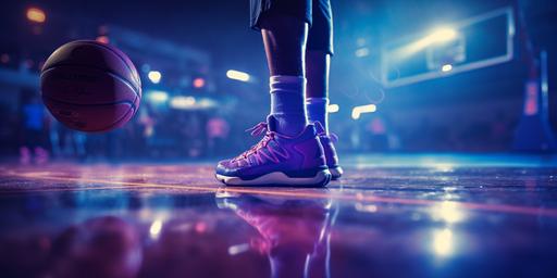 cinematic and realistic close up image of a basketball player's feet moving on the basketball court while dribbling a purple basketball. The lighting is moody with deep blue and purple colors --ar 2:1