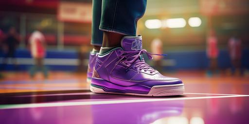cinematic and realistic image of someone wearing purple basketball shoes on a basketball court --ar 2:1
