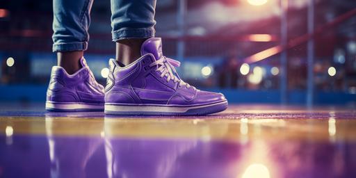 cinematic and realistic image of someone wearing purple basketball shoes on a basketball court --ar 2:1