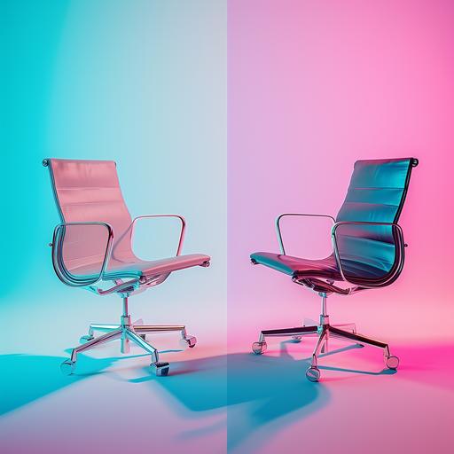 cinematic, artistic studio photo of two different office chairs. Funky materials. Natural light. Soft light blue and pink rimlights. Clear and light background. Top view. Diagonal composition. --v 6.0 --s 50 --style raw