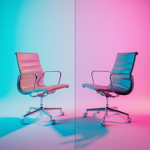 cinematic, artistic studio photo of two different office chairs. Funky materials. Natural light. Soft light blue and pink rimlights. Clear and light background. Top view. Diagonal composition. --v 6.0 --s 50 --style raw