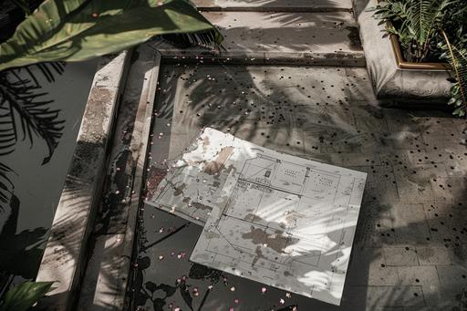 cinematic black and white photo of torn and weathered architectural drawings laying on a limestone step, edge of paper is in pool water, confetti and lush tropical vegetation surrounds drawing, brass detailing in concrete step, dynamic lighting, --ar 3:2 --v 6.0 --s 50
