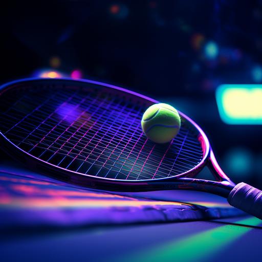 cinematic close up of a neon purple tennis racket and a tennis ball lying on a tennis court