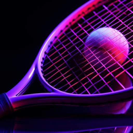 cinematic close up of a neon purple tennis racket and a tennis ball