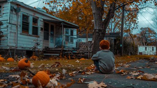 /cinematic, documentary photo, a young red headed boy sits on the curb outside of an old trailer park, a busted pumpkin spread out nearby, autumn, leaves falling, primitivism, eerie atmosphere, surreal mood, realism, ultra-detailed, cinematic lighting, multiple exposure, dramatic lighting, HDR, 64K, William Eggleston style, ARRIFLEX 35 BL Camera, Canon K35 Prime Lenses --ar 16:9 --style raw --v 6.0
