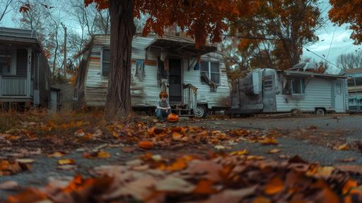 /cinematic, documentary photo, a young red headed boy sits on the curb outside of an old trailer park, a busted pumpkin spread out nearby, autumn, leaves falling, primitivism, eerie atmosphere, surreal mood, realism, ultra-detailed, cinematic lighting, multiple exposure, dramatic lighting, HDR, 64K, William Eggleston style, ARRIFLEX 35 BL Camera, Canon K35 Prime Lenses --ar 16:9 --style raw --v 6.0