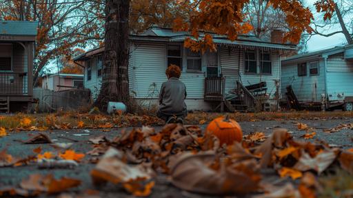 /cinematic, documentary photo, a young red headed boy sits on the curb outside of an old trailer park, a busted pumpkin spread out nearby, autumn, leaves falling, primitivism, eerie atmosphere, surreal mood, realism, ultra-detailed, cinematic lighting, multiple exposure, dramatic lighting, HDR, 64K, William Eggleston style, ARRIFLEX 35 BL Camera, Canon K35 Prime Lenses --ar 16:9 --style raw --v 6.0