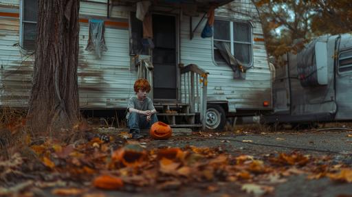 /cinematic, documentary photo, a young red headed boy sits on the curb outside of an old trailer park, a busted pumpkin spread out nearby, autumn, leaves falling, primitivism, eerie atmosphere, surreal mood, realism, ultra-detailed, cinematic lighting, multiple exposure, dramatic lighting, HDR, 64K, William Eggleston style, ARRIFLEX 35 BL Camera, Canon K35 Prime Lenses --ar 16:9 --style raw --v 6.0