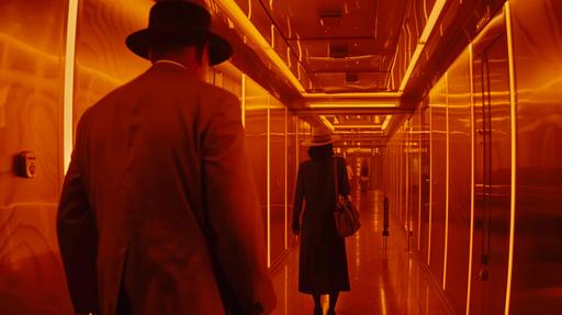 cinematic film scene, retrofuturistic film noir, hardboiled, bank robbery with moll, in the style of John Huston, Fritz Lang, Stanley Kubrick, orange, gold, silver, hot pink, black --ar 16:9 --v 6.0