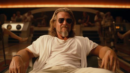 cinematic film still of Jeff Bridges as the Dude from the The Big Lebowski , wearing a hawian shirt , over old white T shirt and cargo shorts, sun glasses, goatee, looking into space with stupid grin on face, sitting in a retro bowling alley --ar 16:9