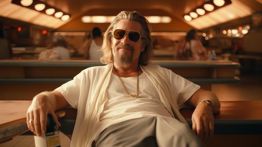 cinematic film still of Jeff Bridges as the Dude from the The Big Lebowski , a old worn dirty brown sweater , over old white T shirt and cargo shorts, sun glasses, goatee, looking into space with stupid grin on face, sitting in a retro bowling alley --ar 16:9
