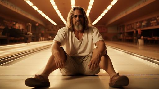 cinematic film still of Jeff Bridges as the Dude from the The Big Lebowski , wearing a hawian shirt , over old white T shirt and cargo shorts, sun glasses, goatee, stupid grin on face, sitting in a retro bowling alley --ar 16:9