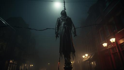 cinematic frame low angle wide shot full body shot of effigy of the Kaiser being hung by a noose around his neck from a lampost , his feet dangle, it is dimly lit by the lampost --ar 16:9