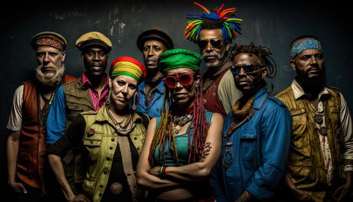 cinematic group shot, The Tropicalpunks, Caribbean ska band, Jamaican, reggae, colorful dreadlocks, 8k, dynamic stage lighting, intricate detail, irie mon --ar 16:9 --v 4