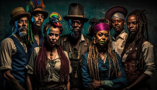 cinematic group shot, The Tropicalpunks, Caribbean ska band, Jamaican, reggae, colorful dreadlocks, 8k, dynamic stage lighting, intricate detail, irie mon --ar 16:9 --v 4