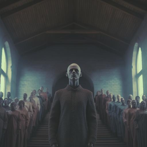 cinematic hyperrealistic, 4k, still full-scale high texture quality photo of a scary AI standing in a church in font of a scared group of people praying to the AI, hard colors, dusty vibes, 35mm, portrait, flare behind