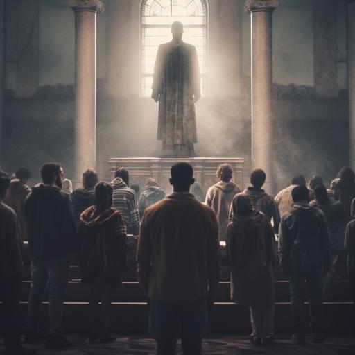 cinematic hyperrealistic, 4k, still full-scale high texture quality photo of a scary AI standing in a church in font of a scared group of people praying to the AI, hard colors, dusty vibes, 35mm, portrait, flare behind