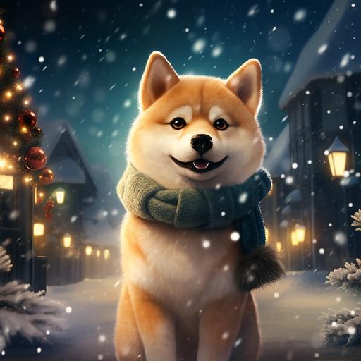 cinematic illustration of a cute Shiba Inu inu, dressed fur Christmas, winter wonderland scene