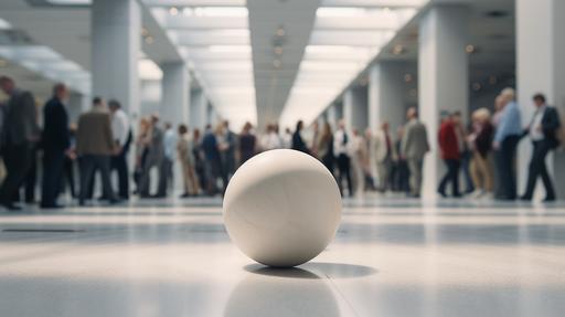 cinematic image of a very small marble ball on the floor in he middle of an office full of business people, open frame, neutral background, 16K --ar 16:9