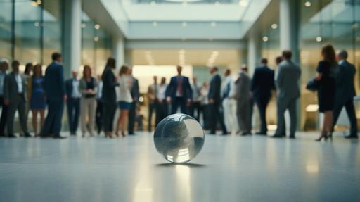 cinematic image of a very small marble ball on the floor in he middle of an office full of business people, open frame, neutral background, 16K --ar 16:9