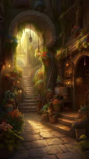 cinematic masterpiece utterly charming bulbous 🌸 flower shop in mystical fantasy medieval village unique whimsical tudor style buildings stonework wood colorful glass raking light vibrant extremely detailed --ar 9:16 --v 5 --q 2 --c 10