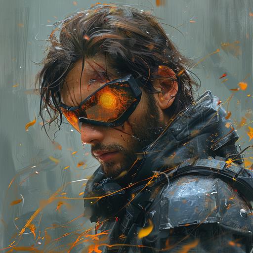 cinematic, metal gear soldiers anime character, in the style of romantic illustration, black and amber, portrait paintings, tangled nests, 20 megapixels, free brushwork, gray --s 750 --v 6.0