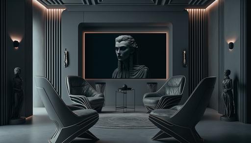 cinematic photo, highly detailed, architectural interior design, cinema room, building, big screen, posters, relaxed chairs, black, clay, futuristic, with hidden lighting, dark, exotic --ar 16:9 --v 4