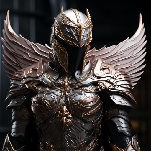 cinematic photo of Angel in grey and shimmering rose gold armor, armored wings, no face, black background, ultra realistic, 8k, — ar 9:16 --s 750