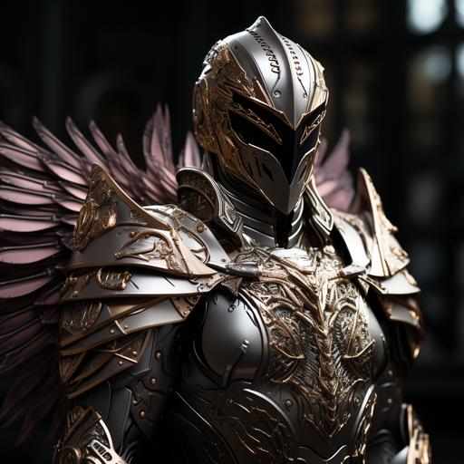 cinematic photo of Angel in grey and shimmering rose gold armor, armored wings, no face, black background, ultra realistic, 8k, — ar 9:16 --s 750