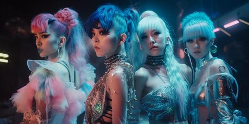 cinematic photo of pastel cybergoth Kpop rebel band with various crystalpunk flashy outfits, Korean retro-futurism, HDR lighting --v 5 --ar 2:1 --s 300