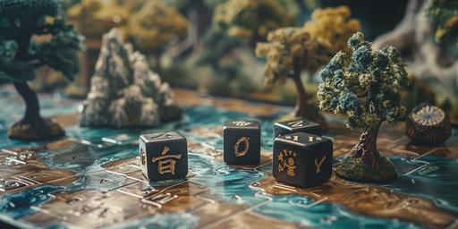 cinematic photo of weird mangrove forest vintage dark board game, weird dice with symbols, miniature of victorian traveler --v 6.0 --ar 2:1