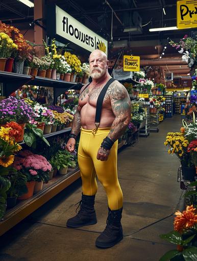 cinematic photograph of a man, aged 60, portly but muscular, body builder, yellow tights, black boots, suspenders, tattoos on arms and chest, shopping inside a flower shop with sign above reading 