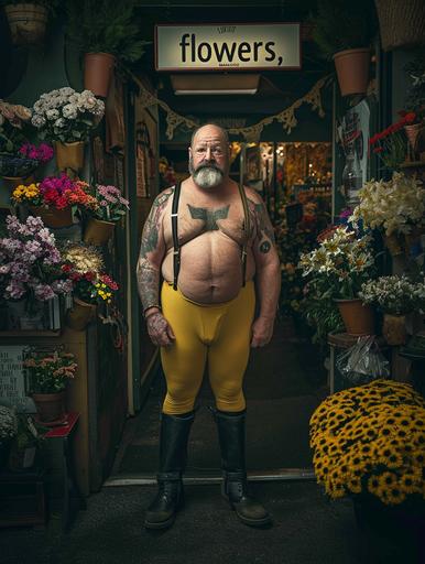 cinematic photograph of a man, aged 60, portly but muscular, body builder, chubby, close up, yellow tights, black boots, suspenders, tattoos on arms and chest, shopping inside a flower shop with sign above reading 