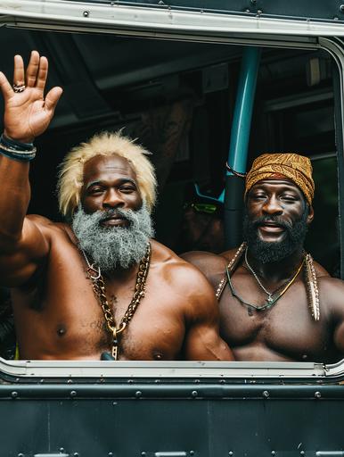 cinematic photograph,two black american football players, NYC, males aged 60, chubby, thick arms, muscular, sweating from hot summer day, window down, elbow on windowsill, hairy chest, bleached blonde hair and beard, terri cloth headband, waving to someone, riding in backseat of open bus, modern 2024 --ar 3:4 --v 6.0