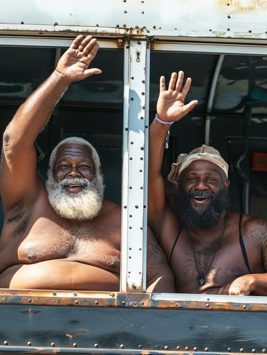 cinematic photograph,two black american football players, males aged 60, chubby, large belly, thick arms, muscular, sweating from hot summer day, window down, elbow on windowsill, hairy chest, bleached blonde hair and beard, terri cloth headband, waving to someone, riding in backseat of open bus, modern 2024 --ar 3:4 --v 6.0