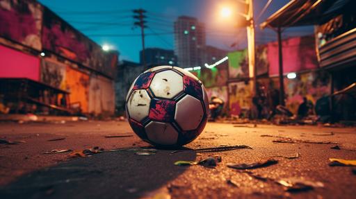 cinematic photography of a a old soccer ball on a soccer field in the middle of the game, floor camera, legs, favela background, colorful, saturated colors, warm light, 16K --ar 16:9