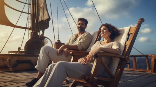 cinematic photography of a couple relaxing in a beach chair in the deck of a pirate ship, neutral sky background, open frame, 8K --ar 16:9