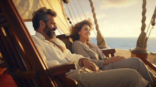 cinematic photography of a mature couple relaxing in a beach chair on the deck of a pirate ship, captain pirate standing up in background, neutral sky background, open frame, 8K --ar 16:9