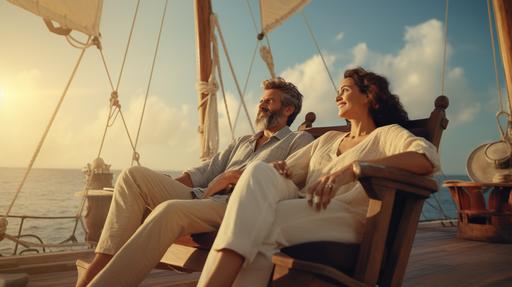 cinematic photography of a mature couple relaxing in a beach chair on the deck of a pirate ship, neutral sky background, open frame, 8K --ar 16:9