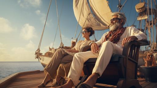 cinematic photography of an old couple relaxing in a beach chair in the deck of a pirate ship, neutral sky background, open frame, 8K --ar 16:9