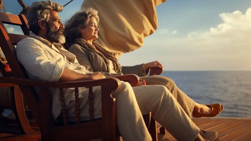 cinematic photography of an old couple relaxing in a beach chair in the deck of a pirate ship, neutral sky background, open frame, 8K --ar 16:9