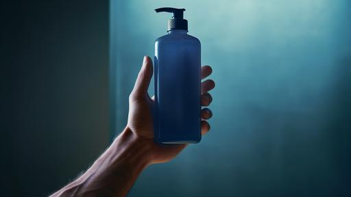 cinematic photography of man's hand raising a solid dark blue bottle of shampoo, white washroom neutral background, morning warm light, 16K --ar 16:9