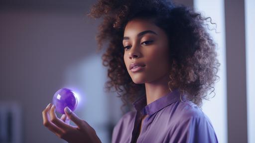 cinematic photography of one black woman holding a very small solid purple marble ball and looking to it, neutral office background, morning, close shot, warm light, 16K --ar 16:9