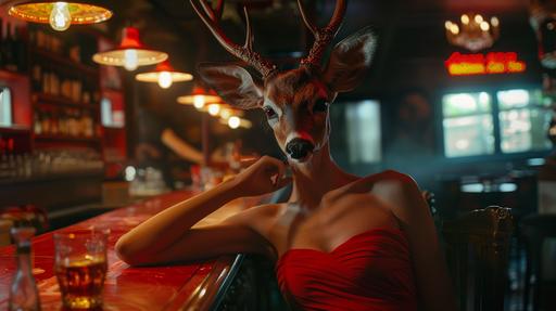 cinematic portrait of woman with a fawn deer for a head lounging in a bar with with a glass of whiskey, --ar 16:9 --v 6.0