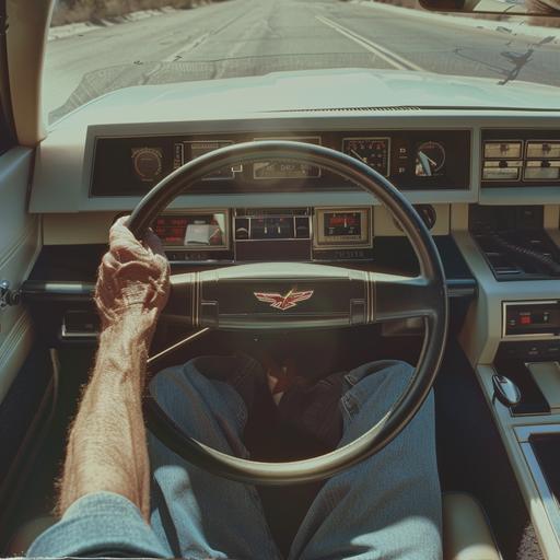 /cinematic, professional photo from the inside of a 1987 white trans am, from the drivers point of view, looking down at the manual shift as a hand reaches for the shifter, William eggleston style, arriflex 35 bl camera, canon k35 prime lens ar 16:9 raw style v 6.0 --v 6.0
