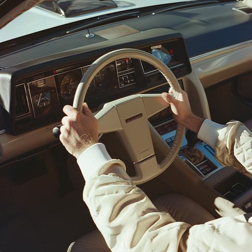/cinematic, professional photo from the inside of a 1987 white trans am, from the drivers point of view, looking down at the manual shift as a hand reaches for the shifter, William eggleston style, arriflex 35 bl camera, canon k35 prime lens ar 16:9 raw style v 6.0